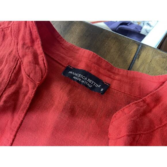 Francesca Bettini Dress Small Red Linen Blend Italy 3/4 Roll Tab Sleeve Boho - Picture 4 of 14